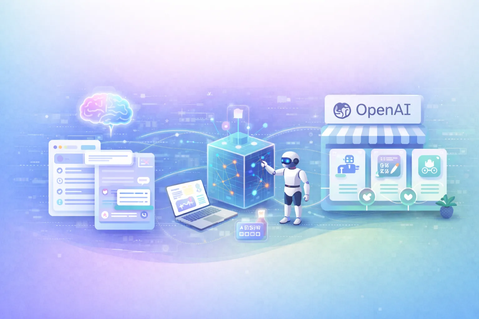 Illustration of LLM-powered apps, agents, and a storefront of custom GPTs