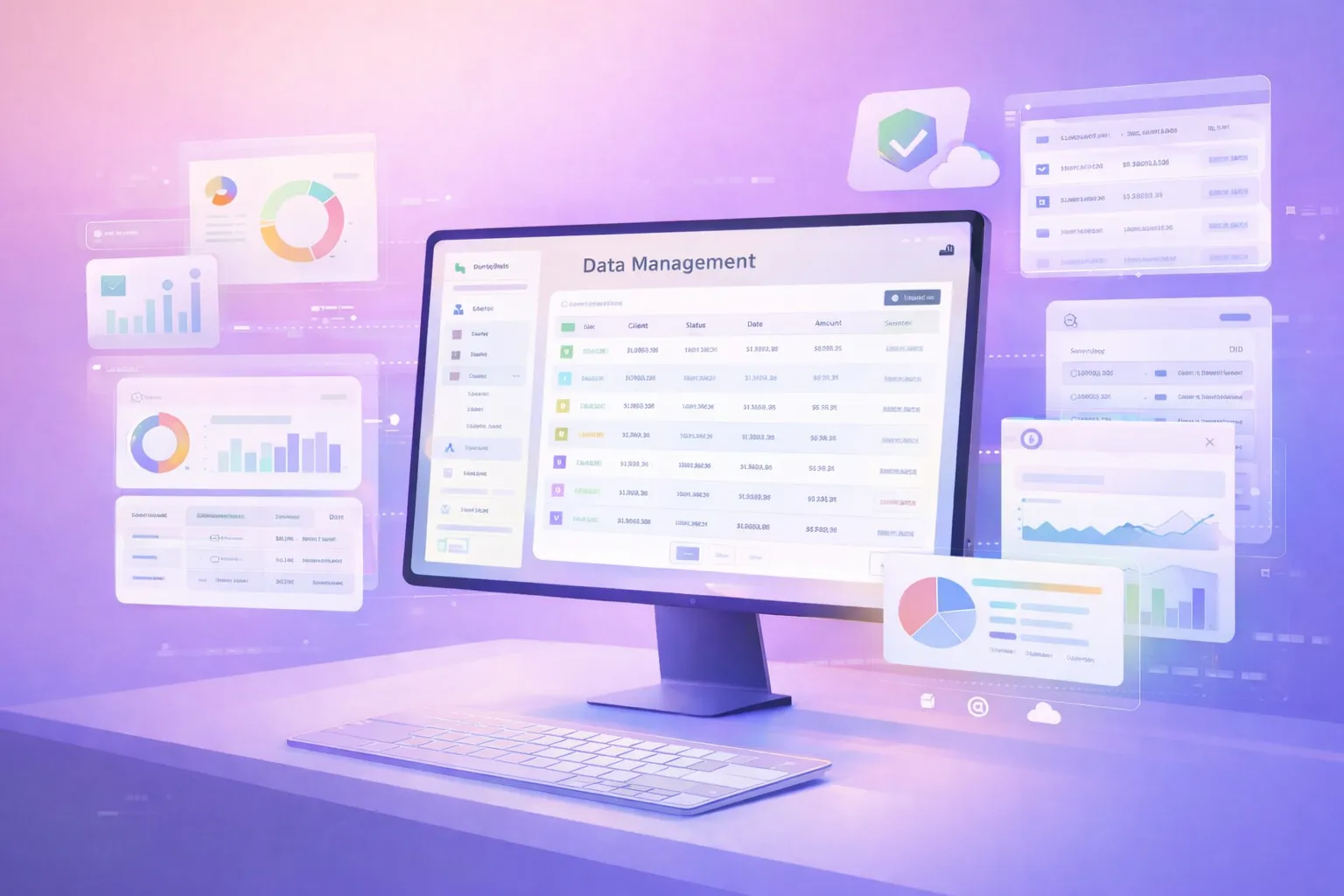 Data management dashboard with charts and tables on a desktop monitor