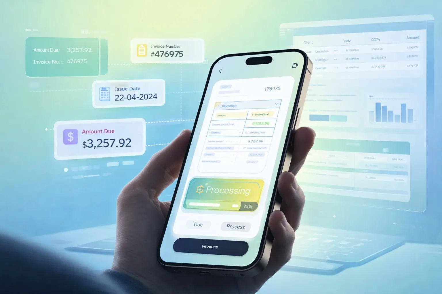 Mobile invoice-processing app extracting fields from a scanned document