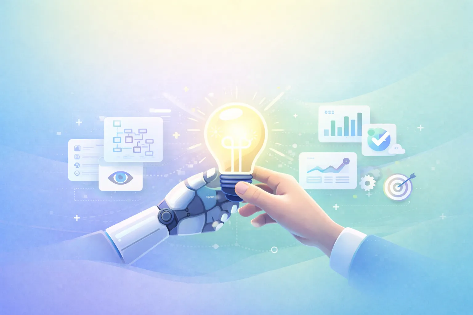 Robotic hand and human hand holding a lightbulb over software interface panels